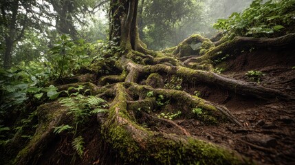 Texture-rich scene of mossy roots and lush undergrowth in a tranquil forest