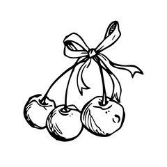 Four cherries tied with a bow isolated on in line art