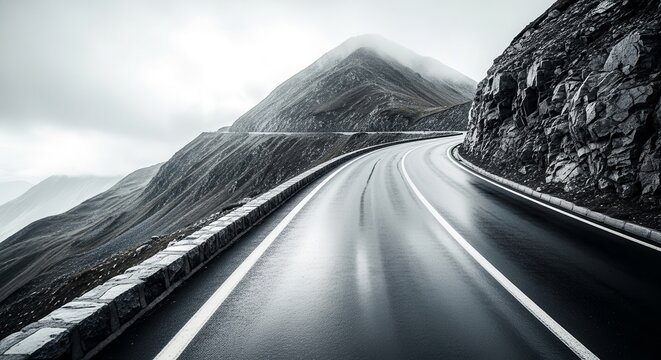 Dramatic Mountain Road Ascends Through Rugged Terrain Under Overcast Sky Destination