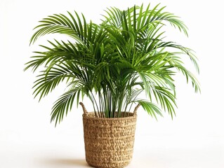 Obraz premium Lush green palm plant in a woven basket, perfect for home decoration and indoor ambiance enhancement