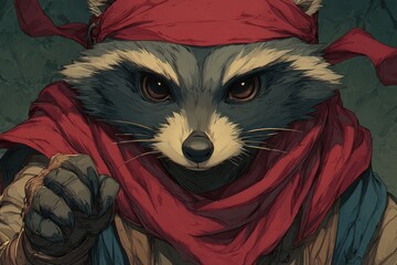 Raccoon character showing determination wearing a red bandana and holding out a hand