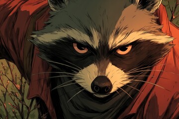Raccoon character looking directly forward with a furious expression