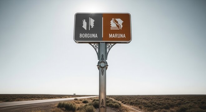 Directional Road Sign With Names Borguna And Maruna, Against A Clear Sky