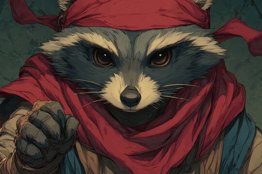 Fototapeta Raccoon character showing determination wearing a red bandana and holding out a hand