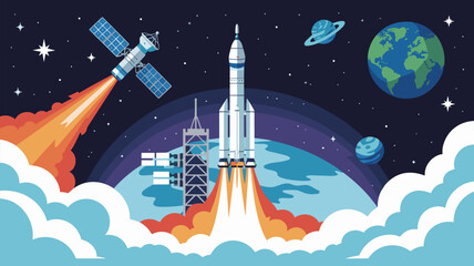 rocket launching from earth to deploy a satellite in space, vector illustration for space exploration, rocket science, and the aerospace industry