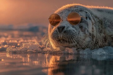 Seal with cool sunglasses chilling on ice, reflecting the golden sunset