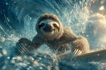 Sloth enjoying a thrilling surf ride on an ocean wave, smiling with fun and energy