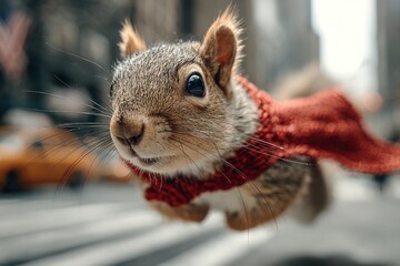 Squirrel superhero flying over a city street with a red cape