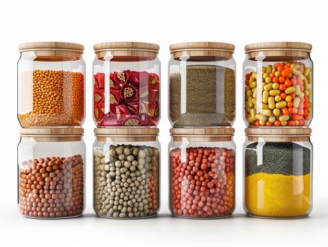 Colorful jars filled with various grains, legumes, and spices arranged on a white background