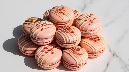 Obraz premium Close-Up Overhead Shot of Pink Macarons with White and Green Icing and Red Berry Sprinkles in Grid Arrangement
