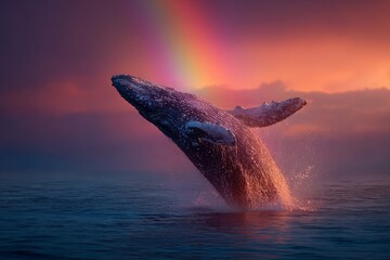 Humpback whale breaching from ocean water under a colorful sky and rainbow during sunset