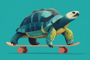 Tortoise balancing on a skateboard, illustrating an unexpected contradiction against a vibrant background