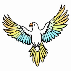 Obraz premium Cartoon illustration of a white parrot with colorful yellow and blue wings spread wide in flight, isolated on white background