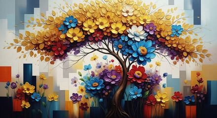 Naklejka premium 3D relief wallpaper goldenFloral Tree Art . Luxurious textile tile wall art