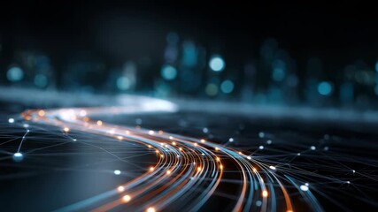 Futuristic glowing data lines curve through a digital network landscape, symbolizing high speed internet and advanced technology. Abstract city lights blur in the background - Powered by Adobe