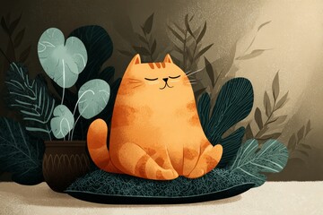 Cute cat sitting on a cushion, meditating peacefully surrounded by lush plants