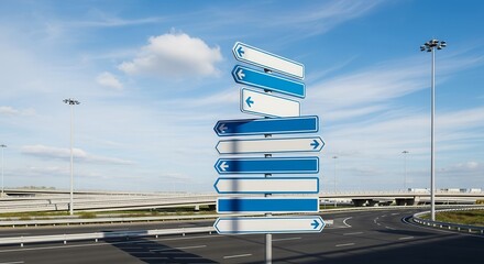 Directional Signs Guiding Towards Diverse Paths On An Open Road Under Sunny Skies
