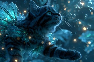 Cat with bioluminescent fairy wings and stripes floating in a magical underwater world with bubbles