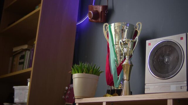Low angle close up shot of wooden shelf with golden trophies, retro stereo and potted plant in room with neon decor
