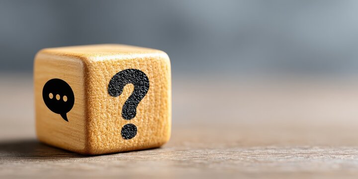 Wooden block with question mark and speech bubble, representing communication, feedback, and problem solving - Powered by Adobe