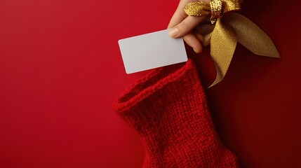 A realistic close-up of a red knitted Christmas stocking with a golden ribbon on a soft festive red background. A human hand is gently sliding a plain white plastic credit card halfway into the stocki