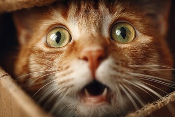 Ginger cat with wide green eyes and open mouth showing a surprised expression