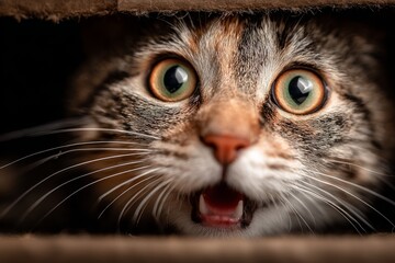 Domestic cat peeking from a cardboard box with a shocked expression