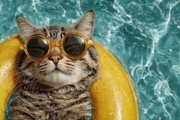 Cat wearing sunglasses floating on an inflatable ring in a swimming pool