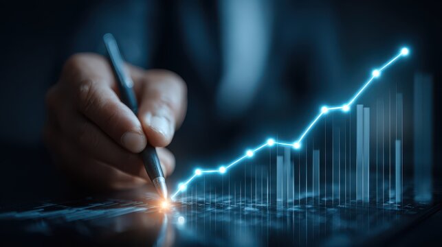 Businessman drawing a rising graph with a pen, representing business growth and success concept