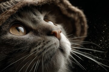 Cat with bright eyes looking up, covering head with a knitted hood in soft light and dust