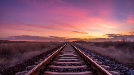 Fototapeta premium Railroad Tracks Leading to Vibrant Sunset with Infinite Perspective