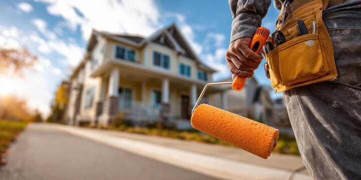 Painter holding a paint roller in front of a house, ready to start a home improvement project