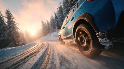 Blue car driving on snowy road through winter forest at sunset with snow covered trees