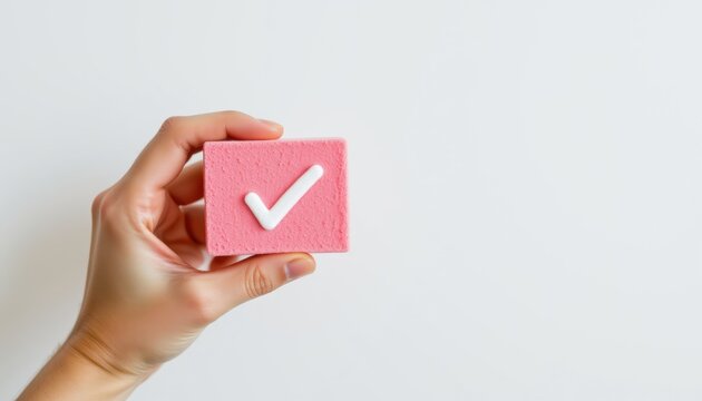 Minimalist concept checklist with a hand holding a white sponge displaying a stylized check mark icon on a pink pastel background