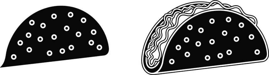 Taco Black and White Vector Icon Set Showing Filled Silhouette and Detailed Line Art for Mexican Food and Restaurant Logo.
