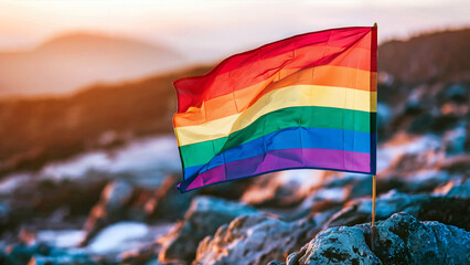 Colorful rainbow flag waving on stick against rocky seaside background at sunset for pride, diversity, and inclusion