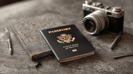 Travel essentials laid out on a table with a camera, passport, and notebooks