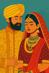Vibrant Indian wedding illustration. Textured, colorful portrait for print, invitations, or cultural projects.