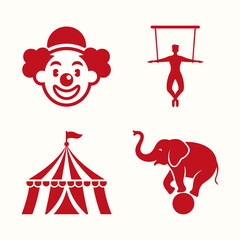 Circus elements such as clown face, trapeze artist, circus tent, and elephant balancing on ball. Vector illustration.