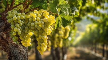 Close up of ripe green grapes hanging on grapevine in vineyard on a sunny day