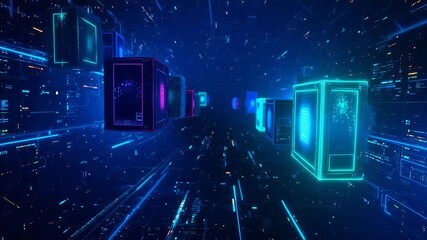 Futuristic digital corridor with glowing cubes - Powered by Adobe