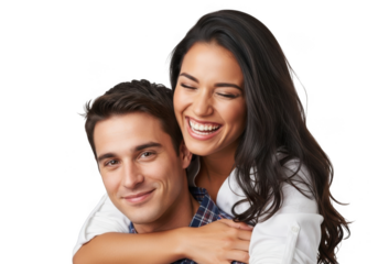 A happy couple, a man giving a piggyback ride to a smiling woman, isolated on transparent background grainy