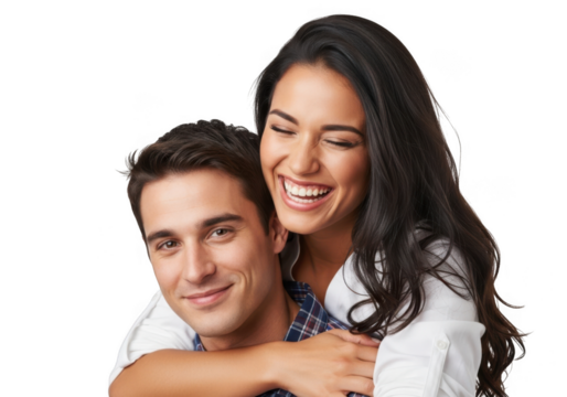 A happy couple, a man giving a piggyback ride to a smiling woman, isolated on transparent background grainy