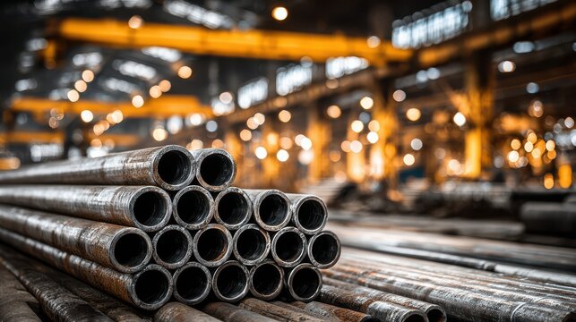 Stack of metal pipes in a factory with industrial equipment and lights in the background