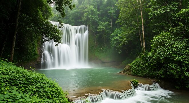 Majestic waterfall cascading into a tranquil pool surrounded by lush greenery