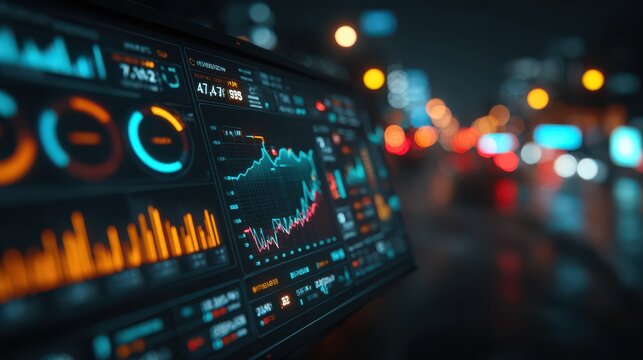 Financial dashboard displaying stock market data with charts and graphs in a futuristic interface
