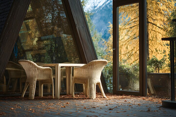 A triangular chalet fragment with synthetic rattan furniture and fallen leaves outside. The glass reflects majestic mountain pines. The key is in the door.