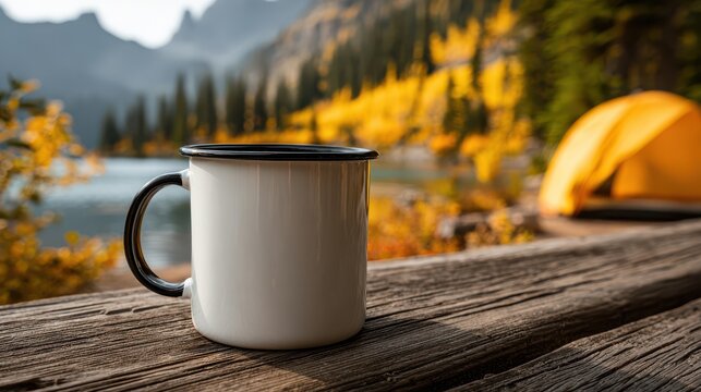 Enamel mug on wooden deck with scenic mountain lake and autumn foliage, perfect for camping and relaxation - Powered by Adobe