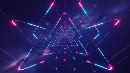 Abstract neon light tunnel with geometric shapes and glowing lines