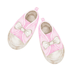 Pink baby girl shoes with gentle shading are shown in a soft watercolor clipart style. This hand-drawn element suits baby shower stationery, gender reveal invitations, nursery wall art
